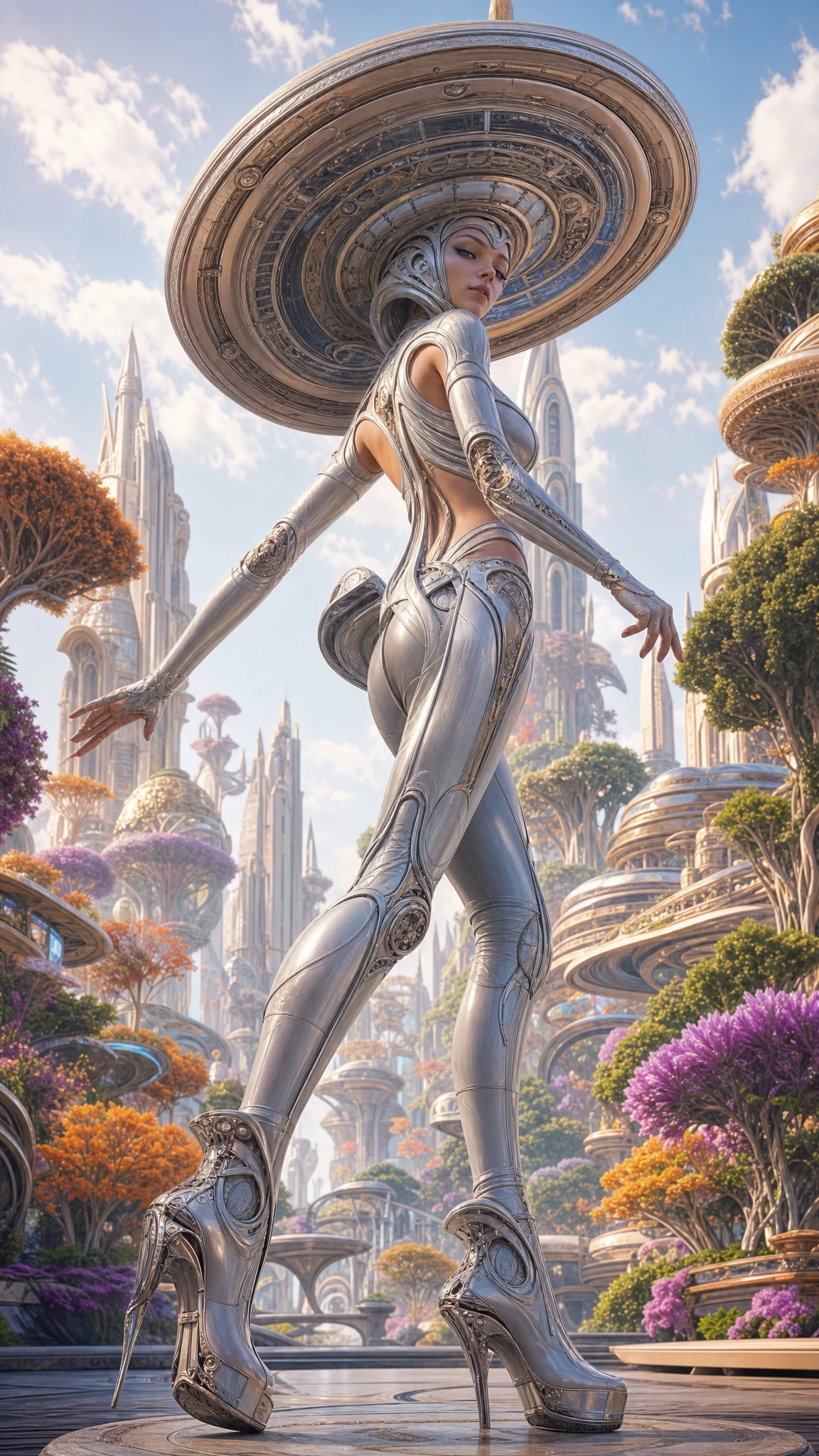 Futuristische Frau mit untertassenförmiger Frisur in Sci‑Fi‑Szene