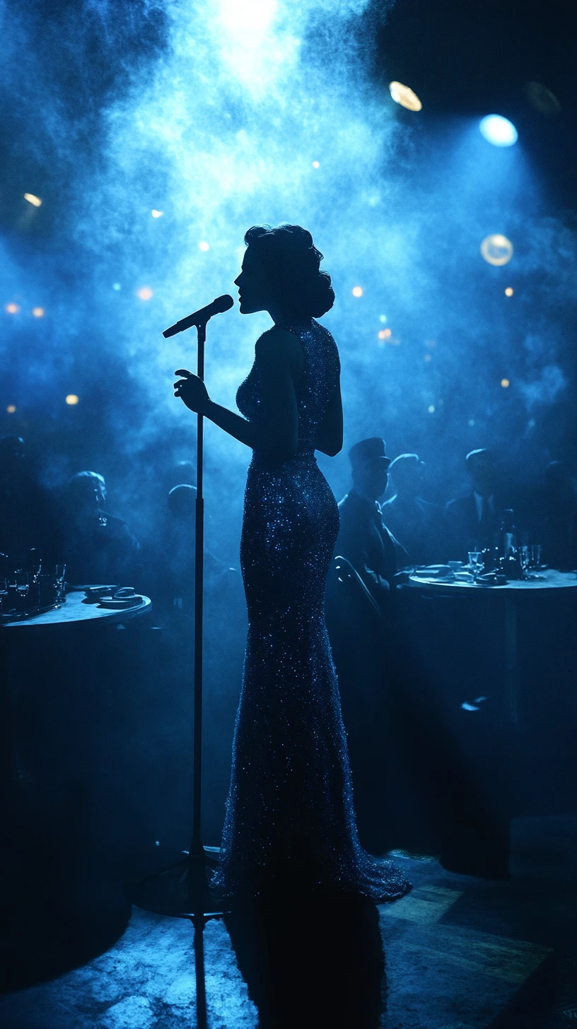 Elegant jazz singer performing in a smoky 1950s nightclub