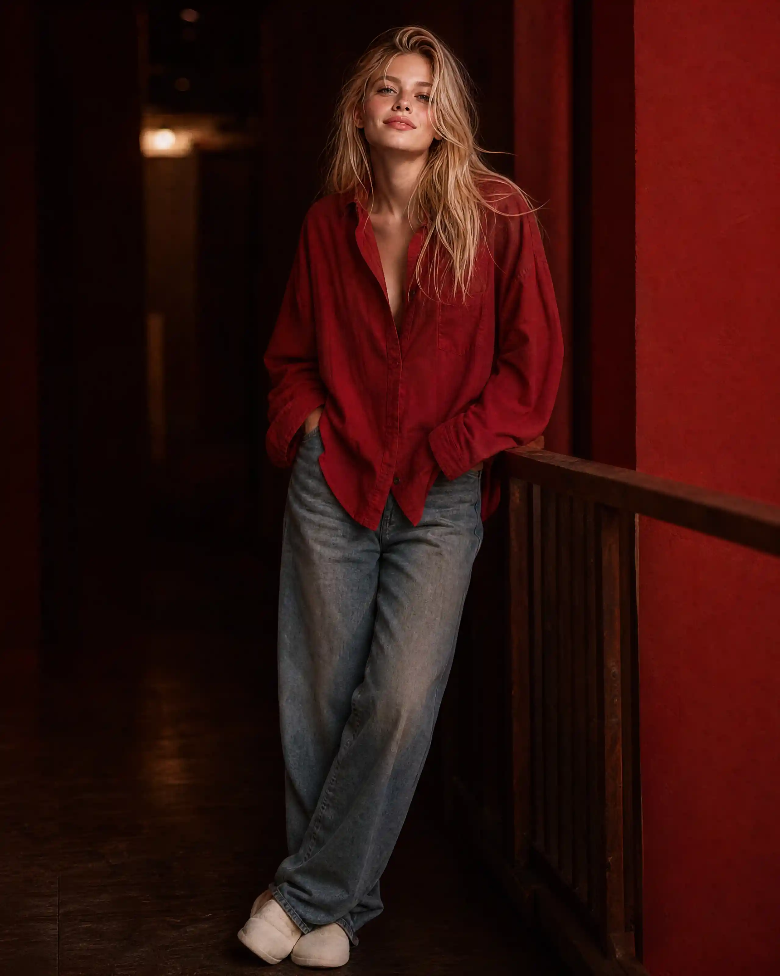 Cinematic portrait of a young girl in red shirt