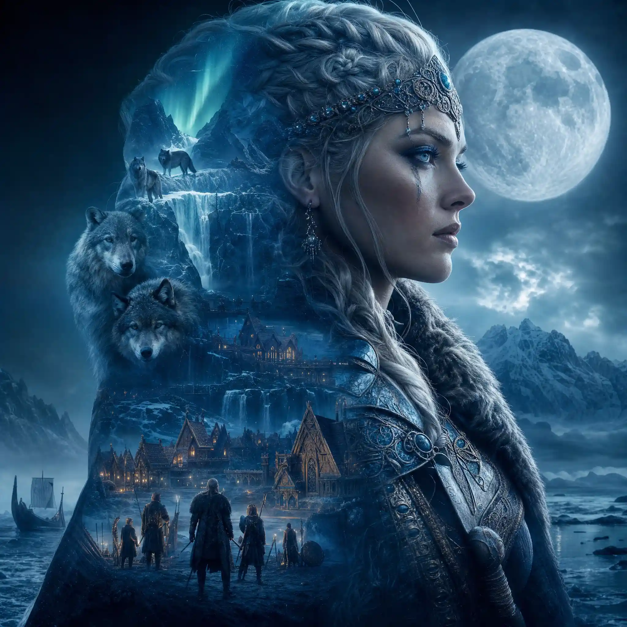 Viking warrior queen in jeweled armor under icy moonlight