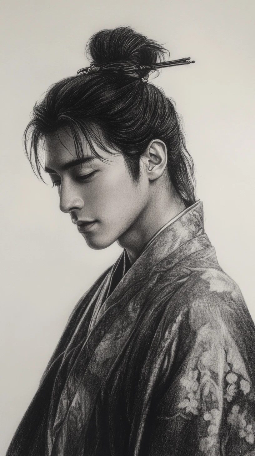 Charcoal portrait of an Asian man in traditional robes
