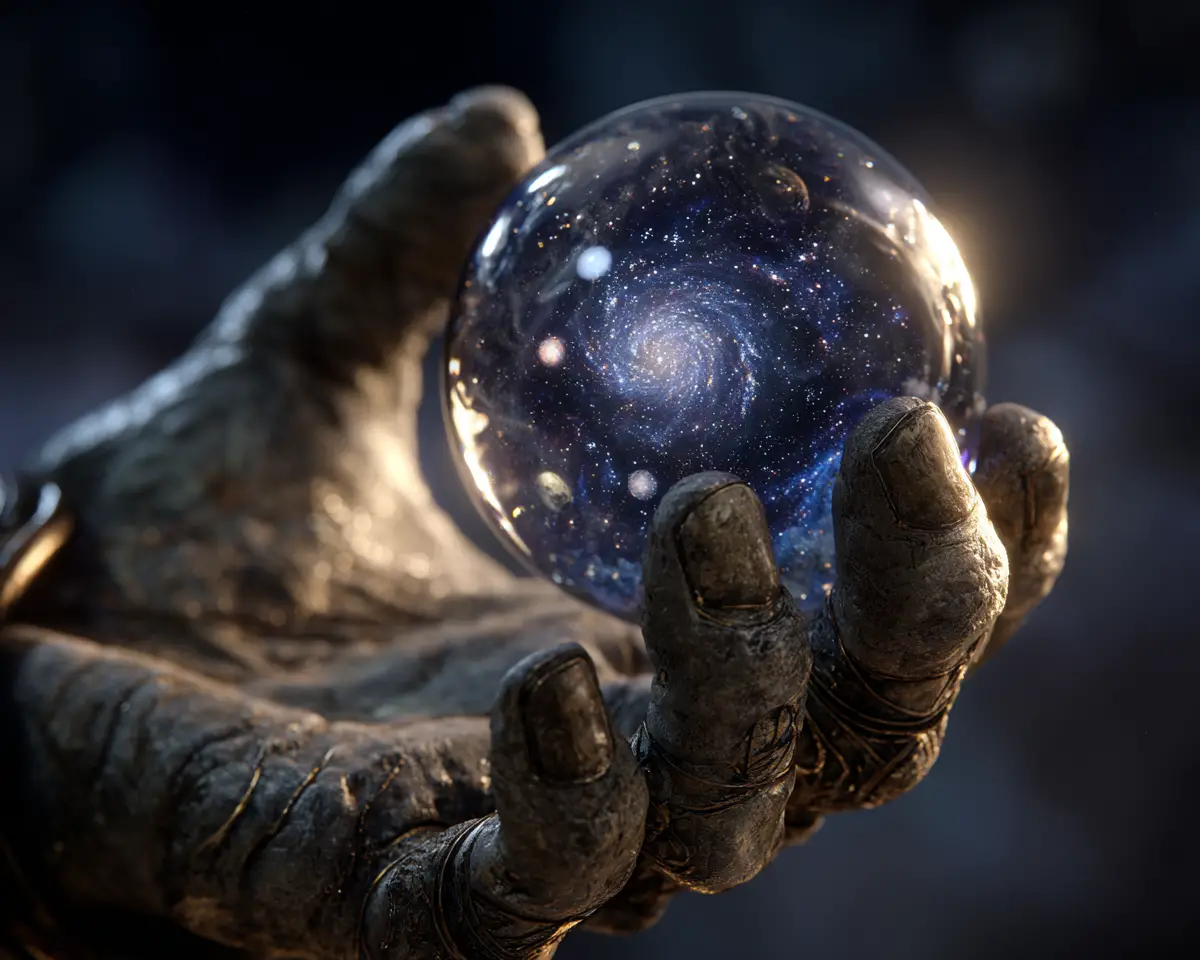 Stone god hand cradling a luminous galaxy in glass
