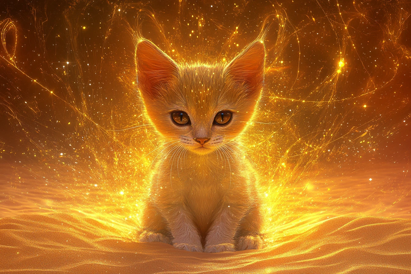 Cute sand cat kitten on glowing geometric desert dunes