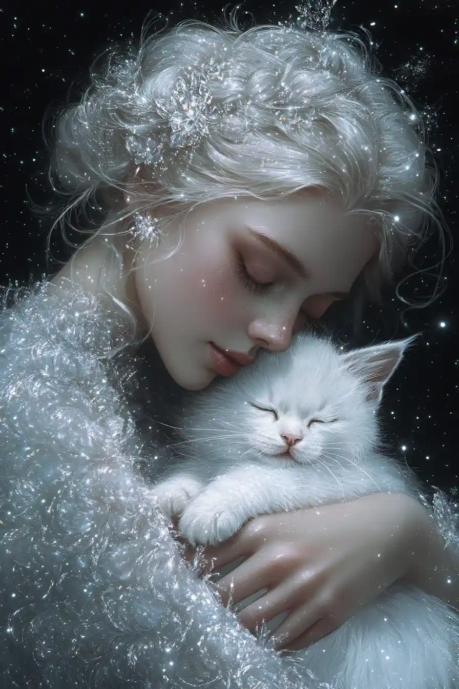 Celestial girl cradling a crystal feathered white kitten