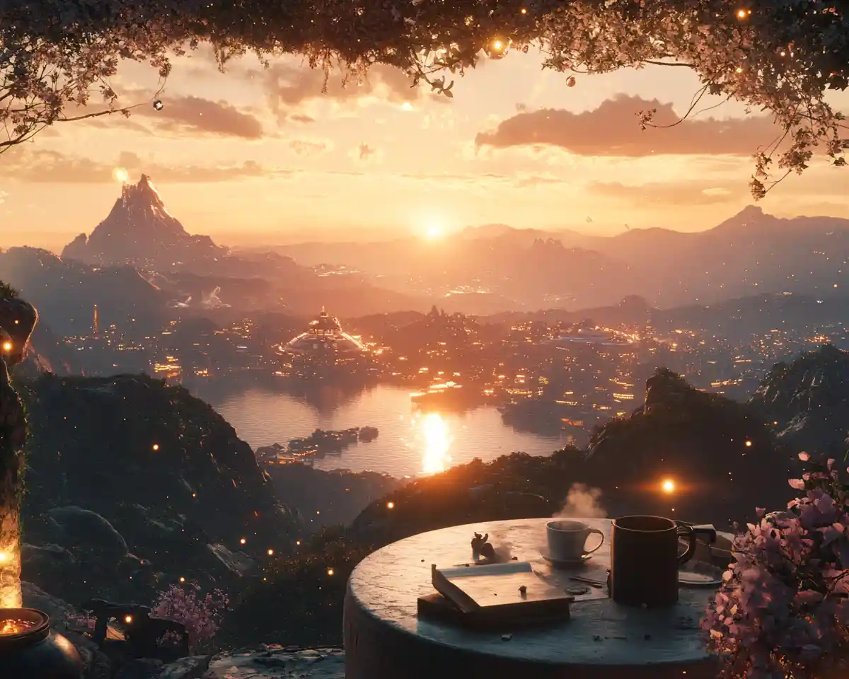 Cozy terrace table overlooking coastal village at sunset