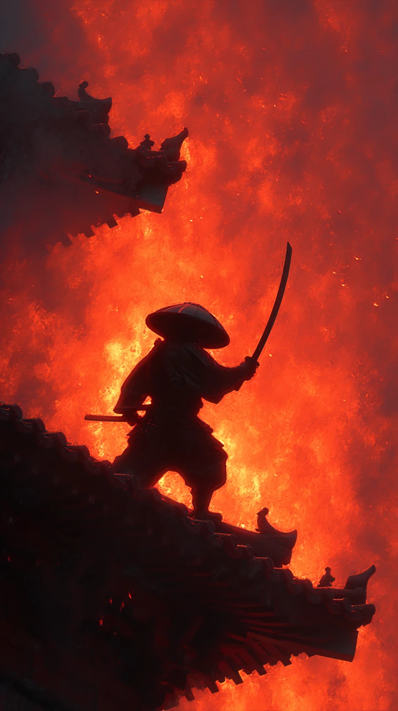 Lone samurai atop a burning castle under a fiery sky