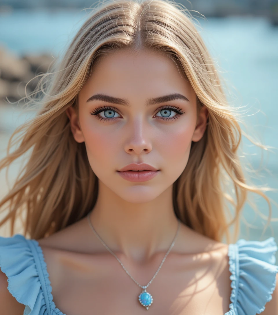Close up portrait of a blonde girl by the water