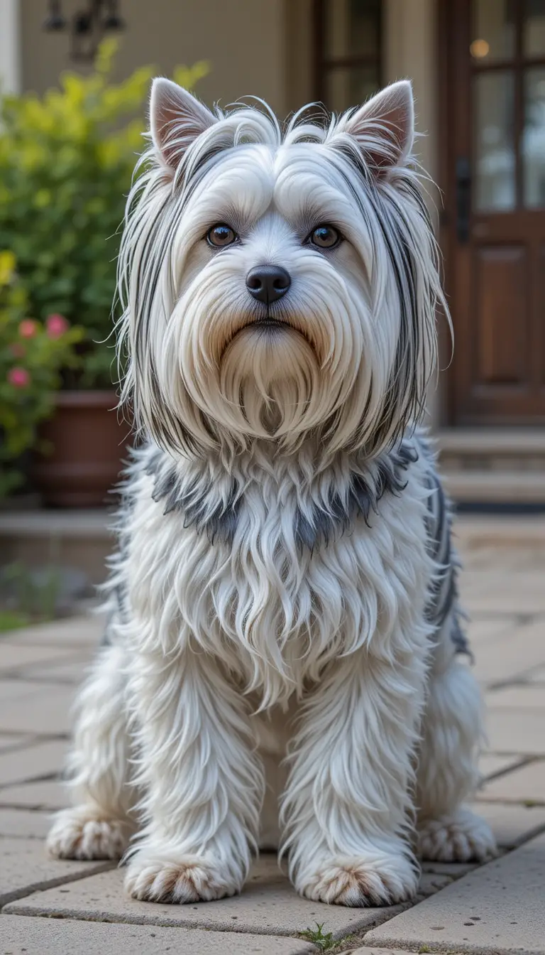 Long haired maltese dog with zebra stripes by a house