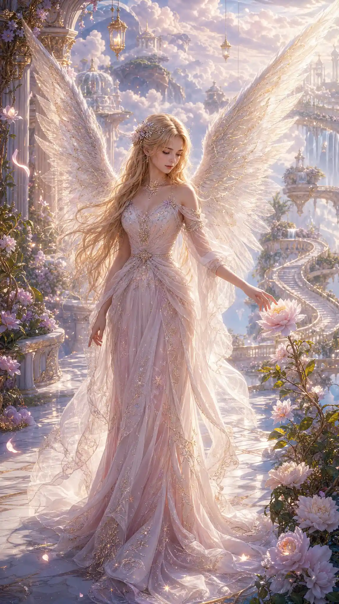 Angel girl on a celestial marble path in heaven