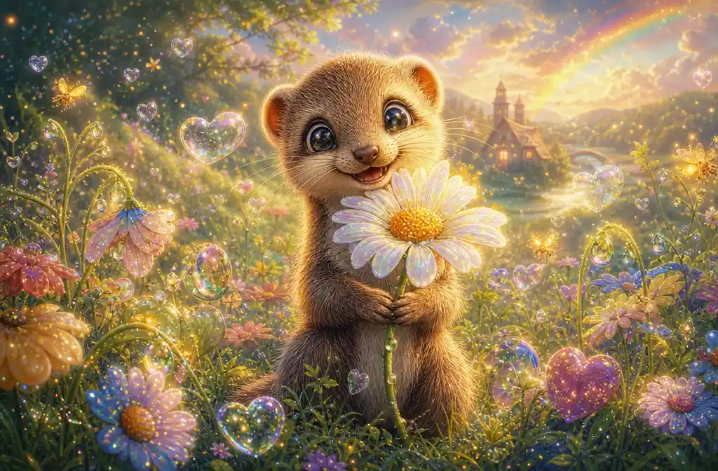 Cute mongoose with magic daisy in enchanted fantasy meadow