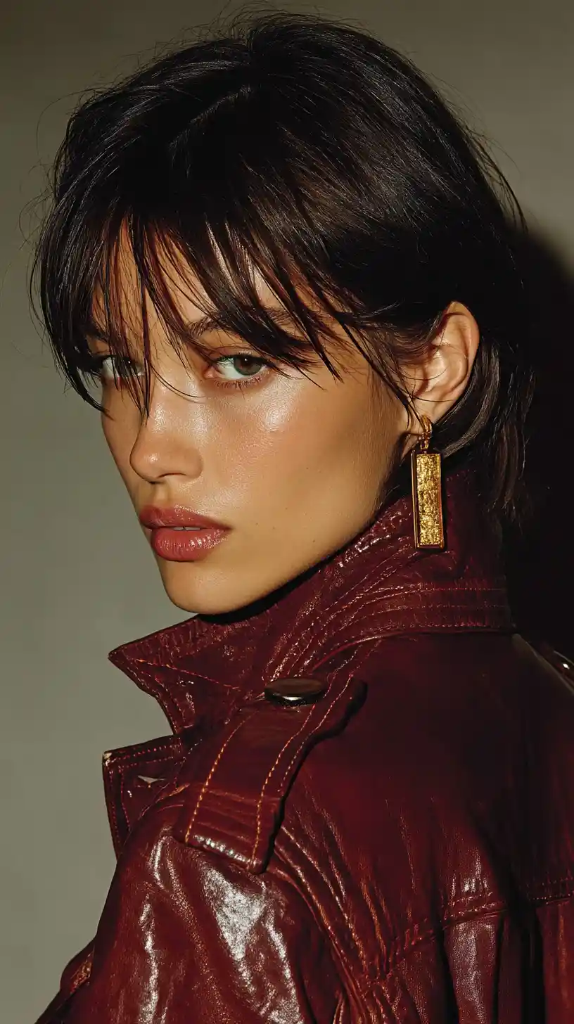 Close up woman in maroon leather jacket from behind