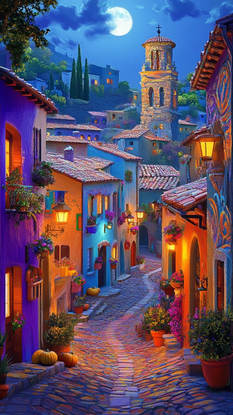 Moonlit European village street with colorful houses