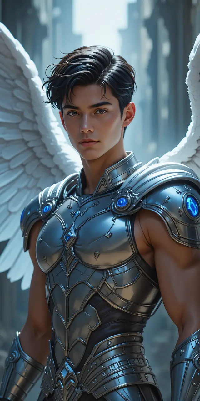 Angelic valkyrie warrior with glowing runic armor and wings