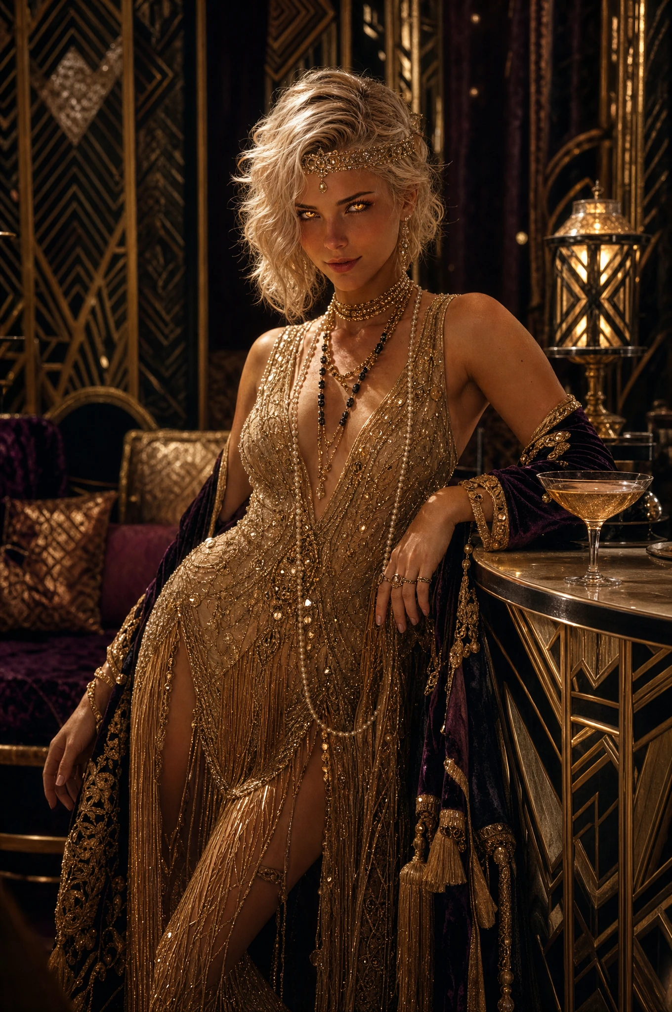 Glamorous blonde woman in a lavish art deco interior
