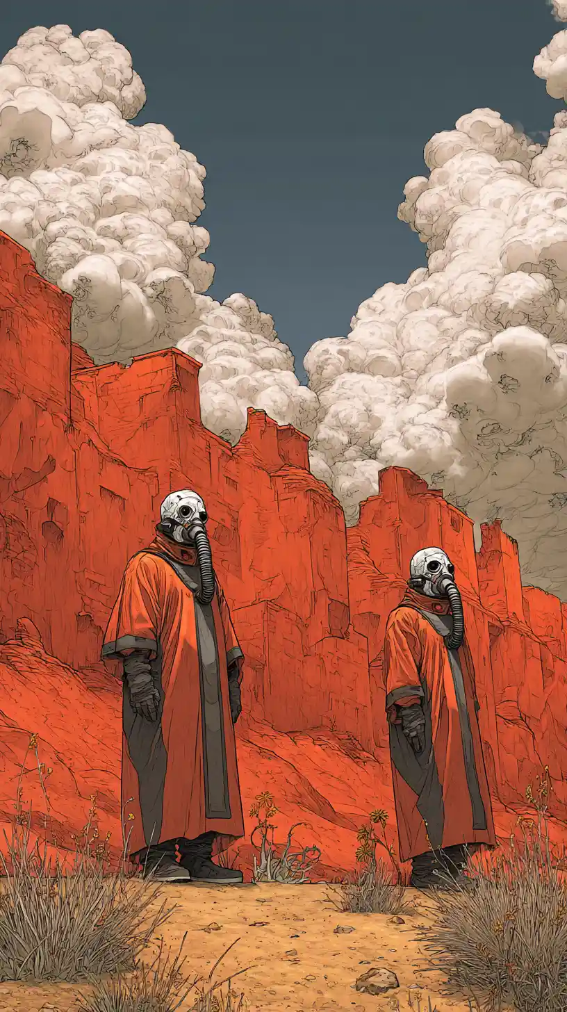 Desert monks in thin suits crossing a harsh atomic wasteland