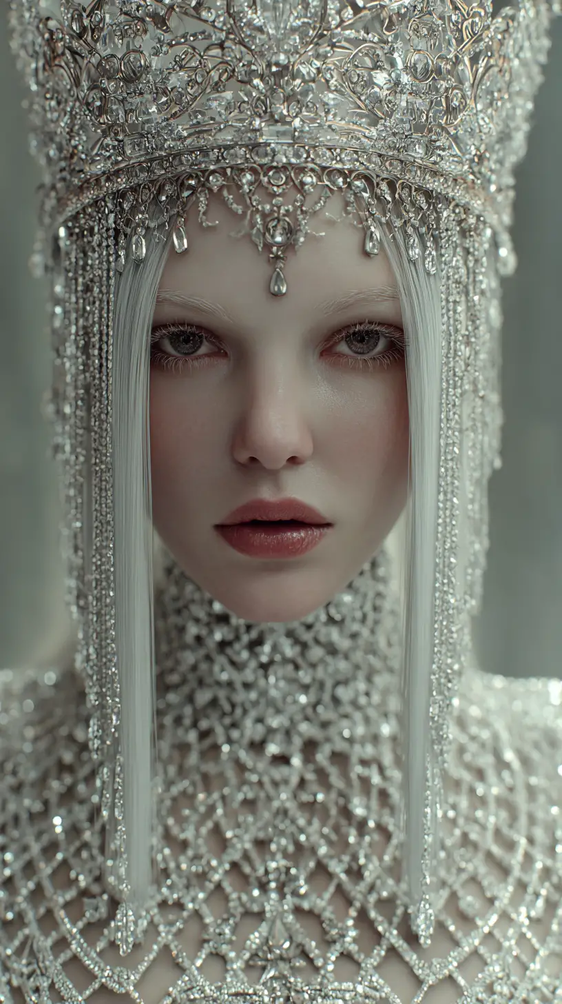 Ethereal queen portrait with diamond crown and pearls