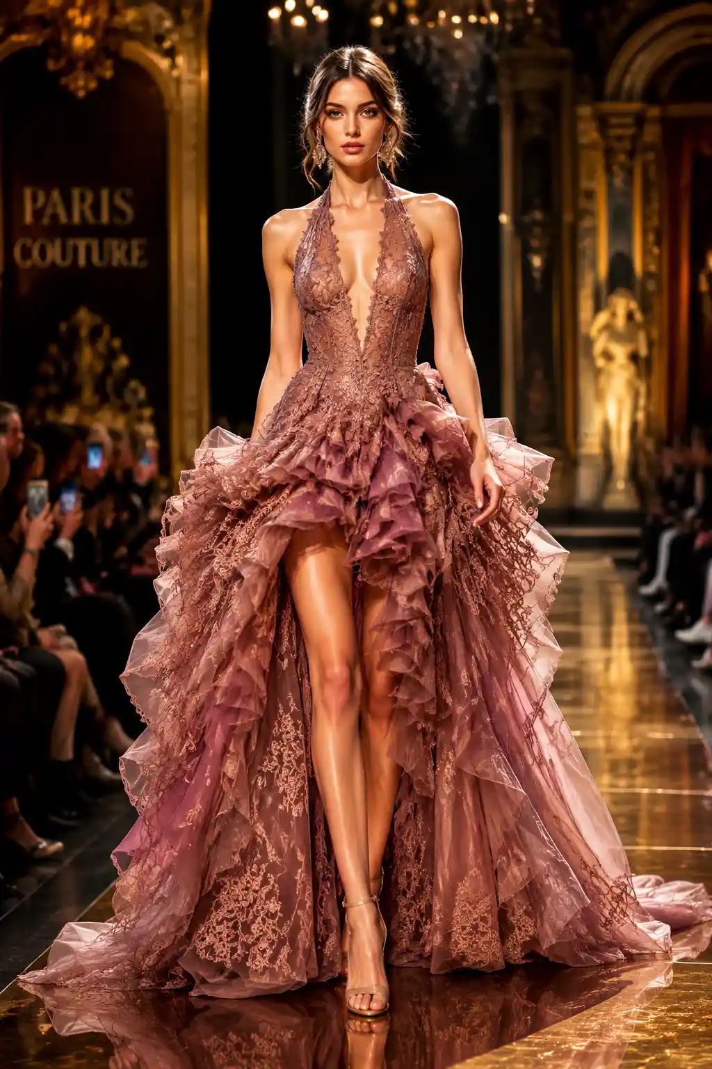 Elegant fashion model on a dramatic Paris runway