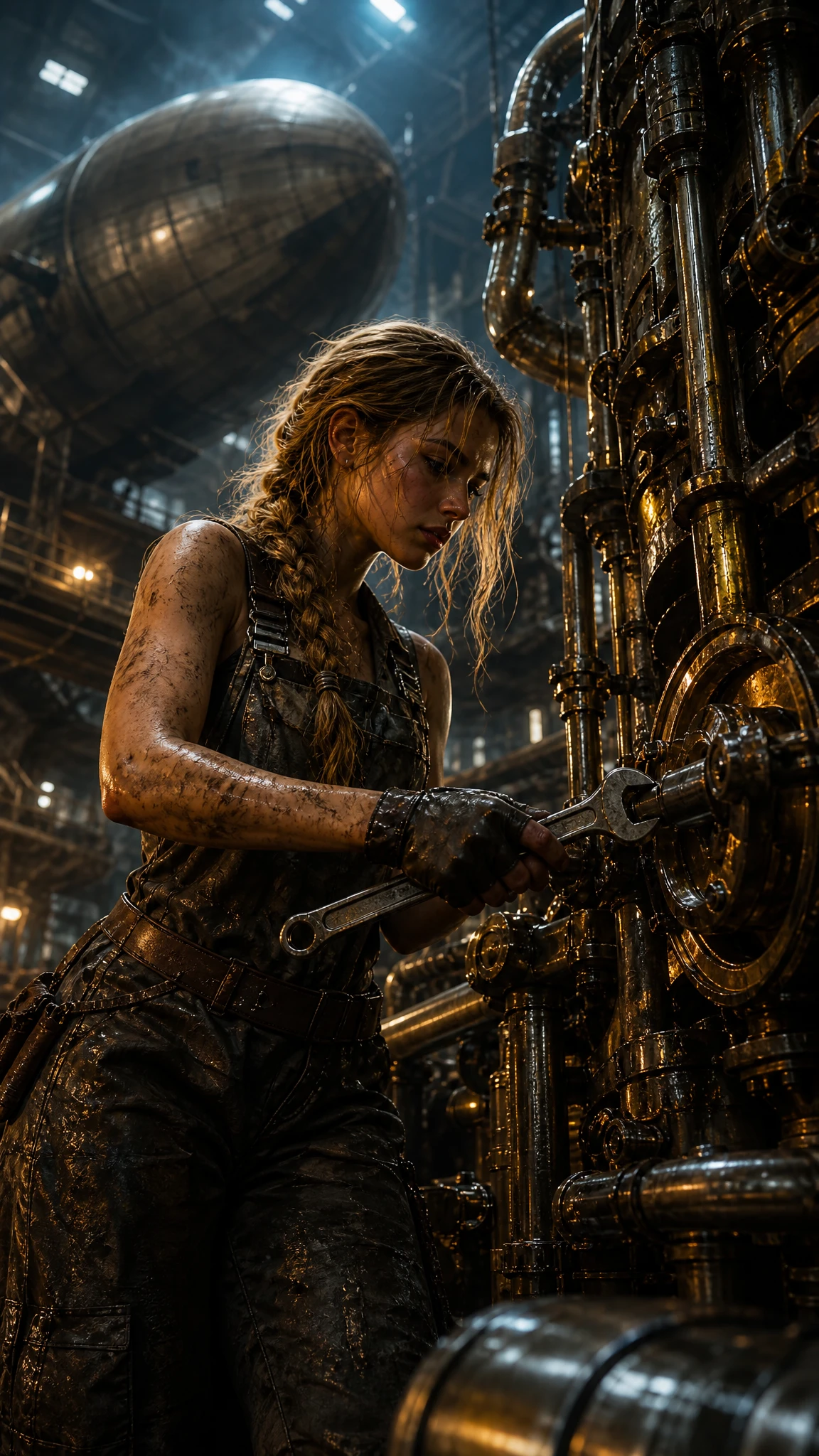 Young female mechanic working on a massive steam engine