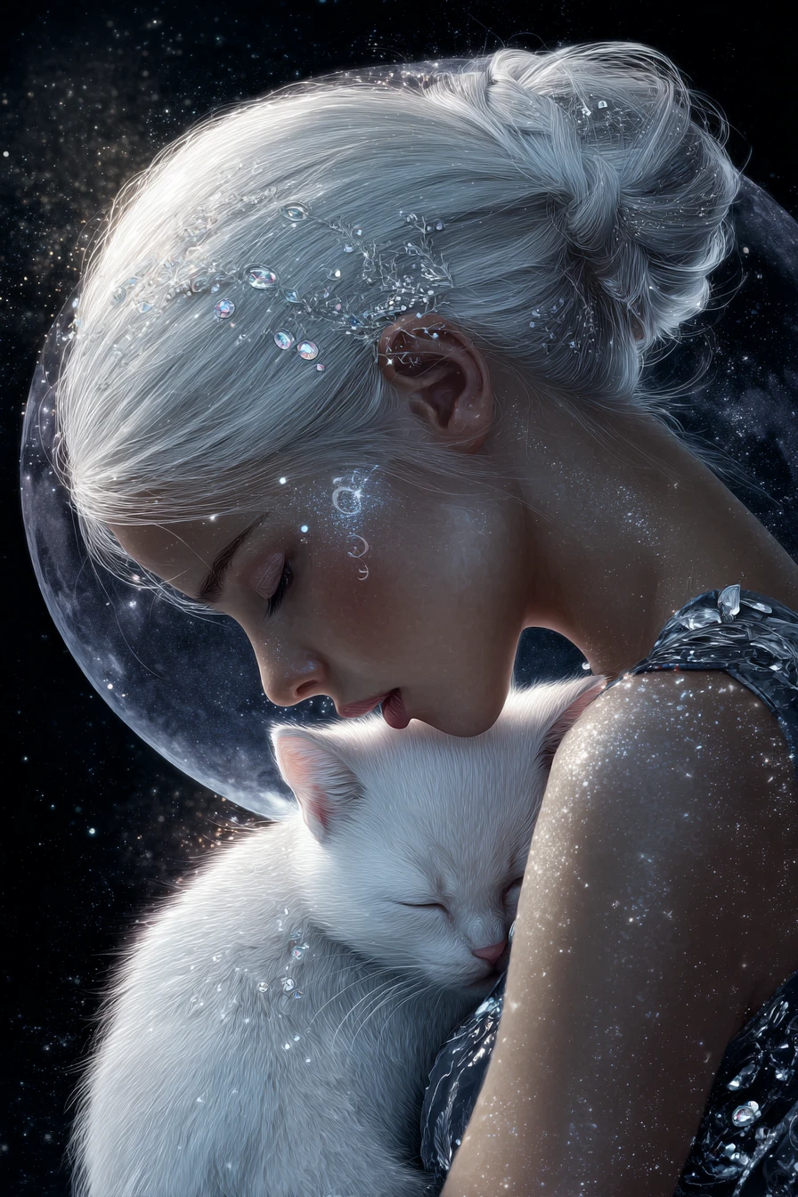 Celestial girl with silver skin cradling a sleeping kitten