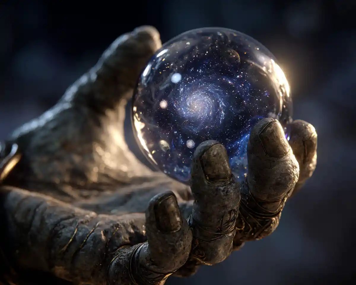 Stone god hand cradling a luminous galaxy in glass