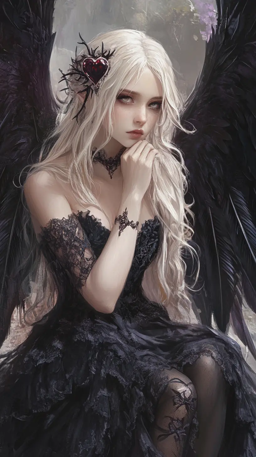 Melancholic winged girl in a dark gothic fantasy scene