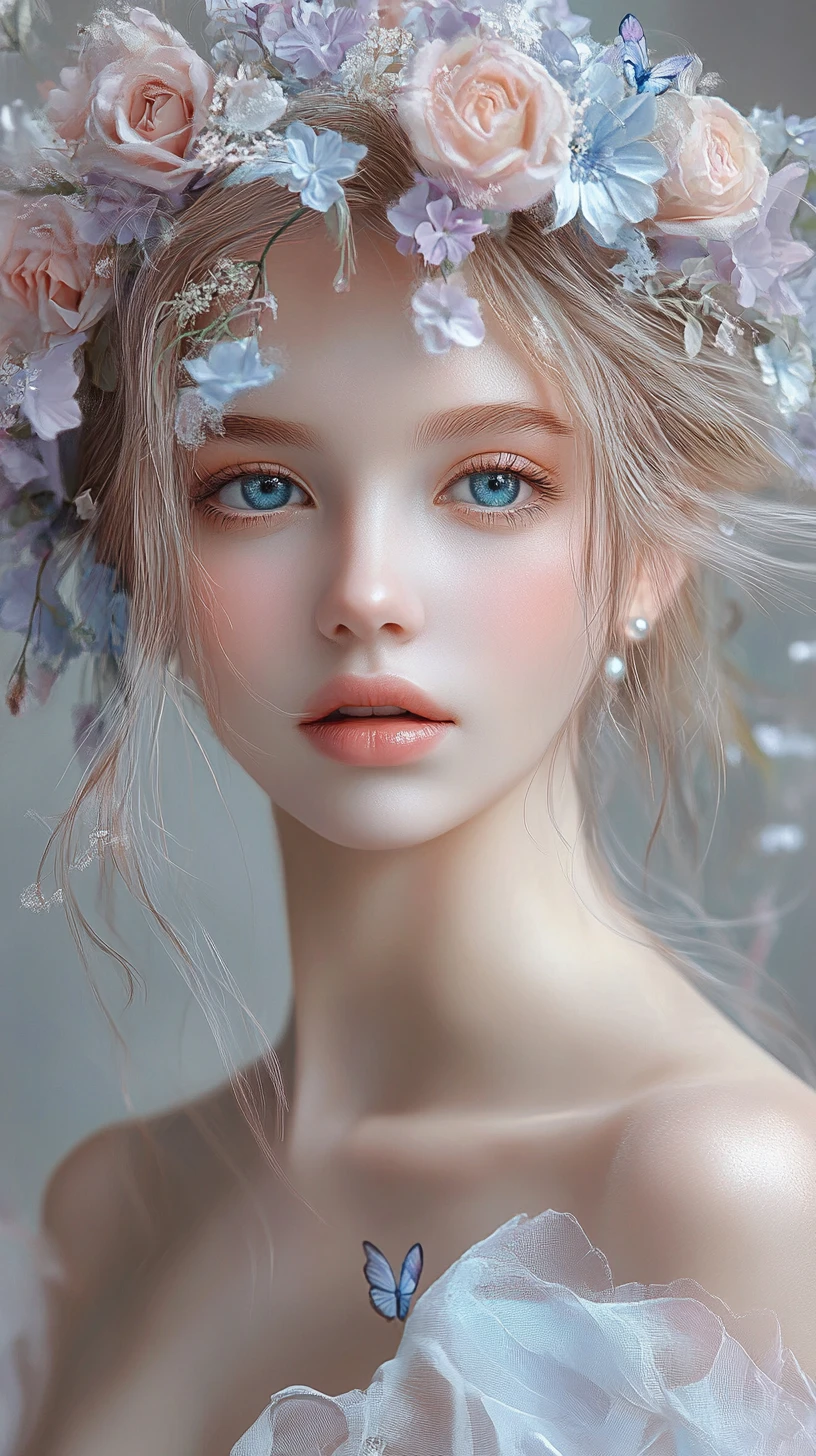 Pastel haired fantasy girl crowned with delicate flowers