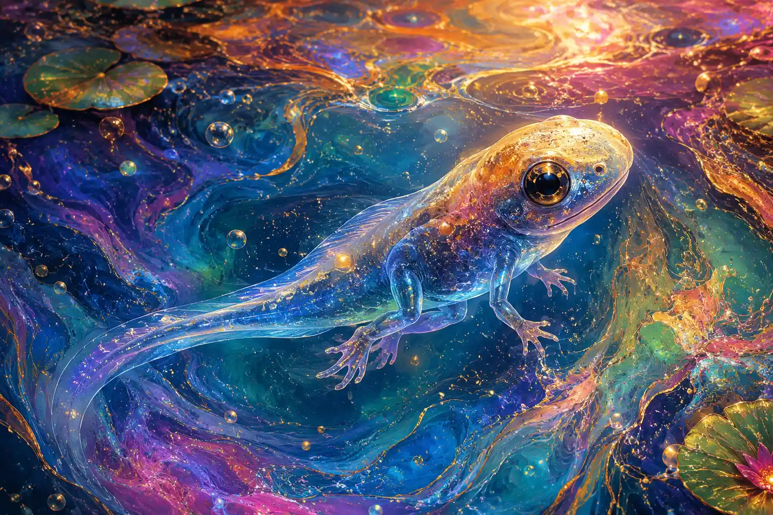 Adorable baby tadpole floating in a glowing abstract pond