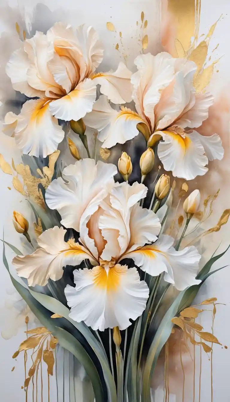 Abstract white flowers with golden accents on calm canvas