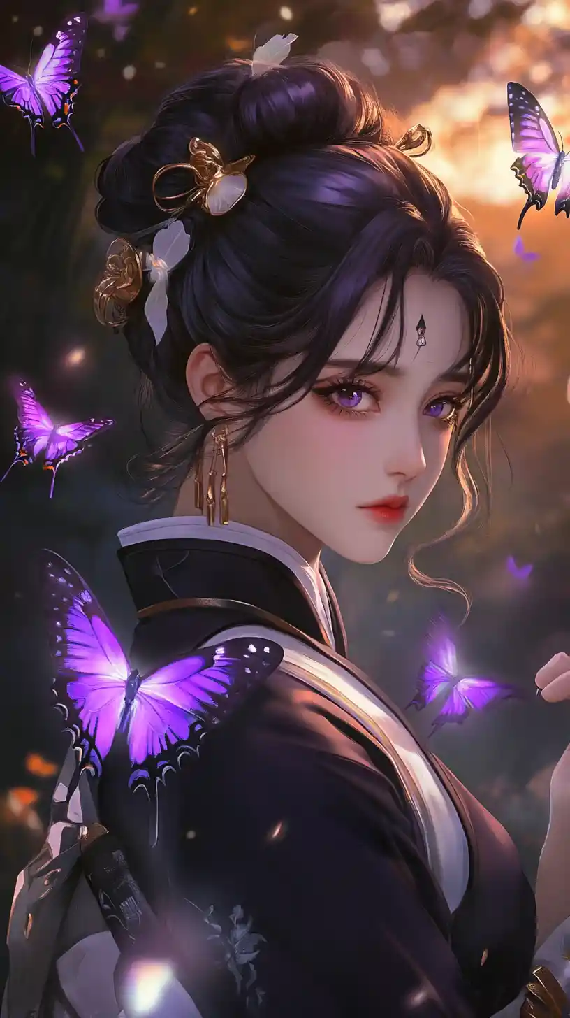 Serene anime girl with glowing butterflies in forest light