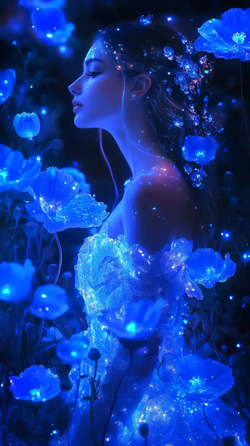Elegant woman in profile amid glowing blue fantasy flowers