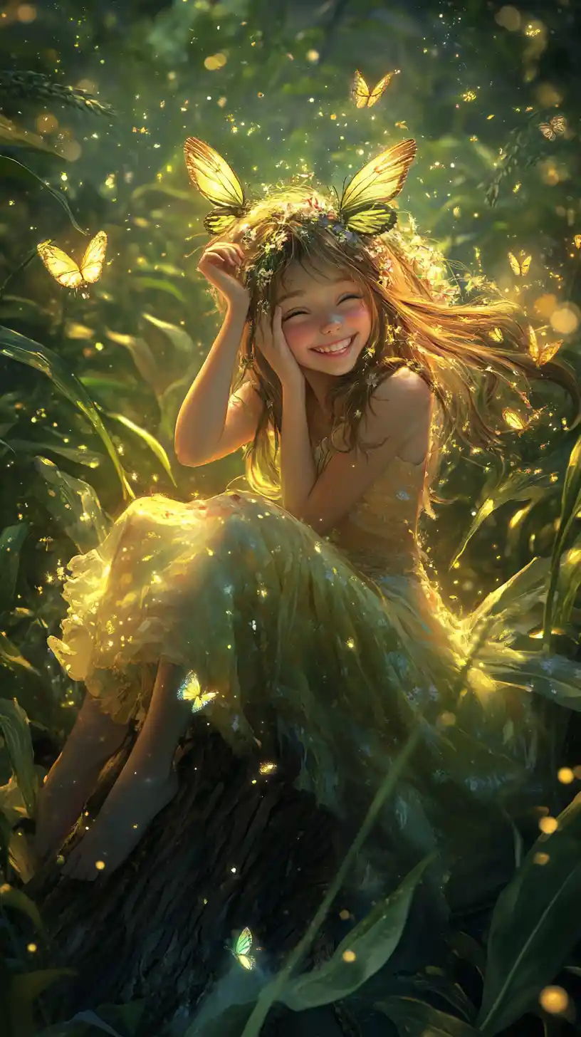 Playful girl sitting on a tree root in a cornfield