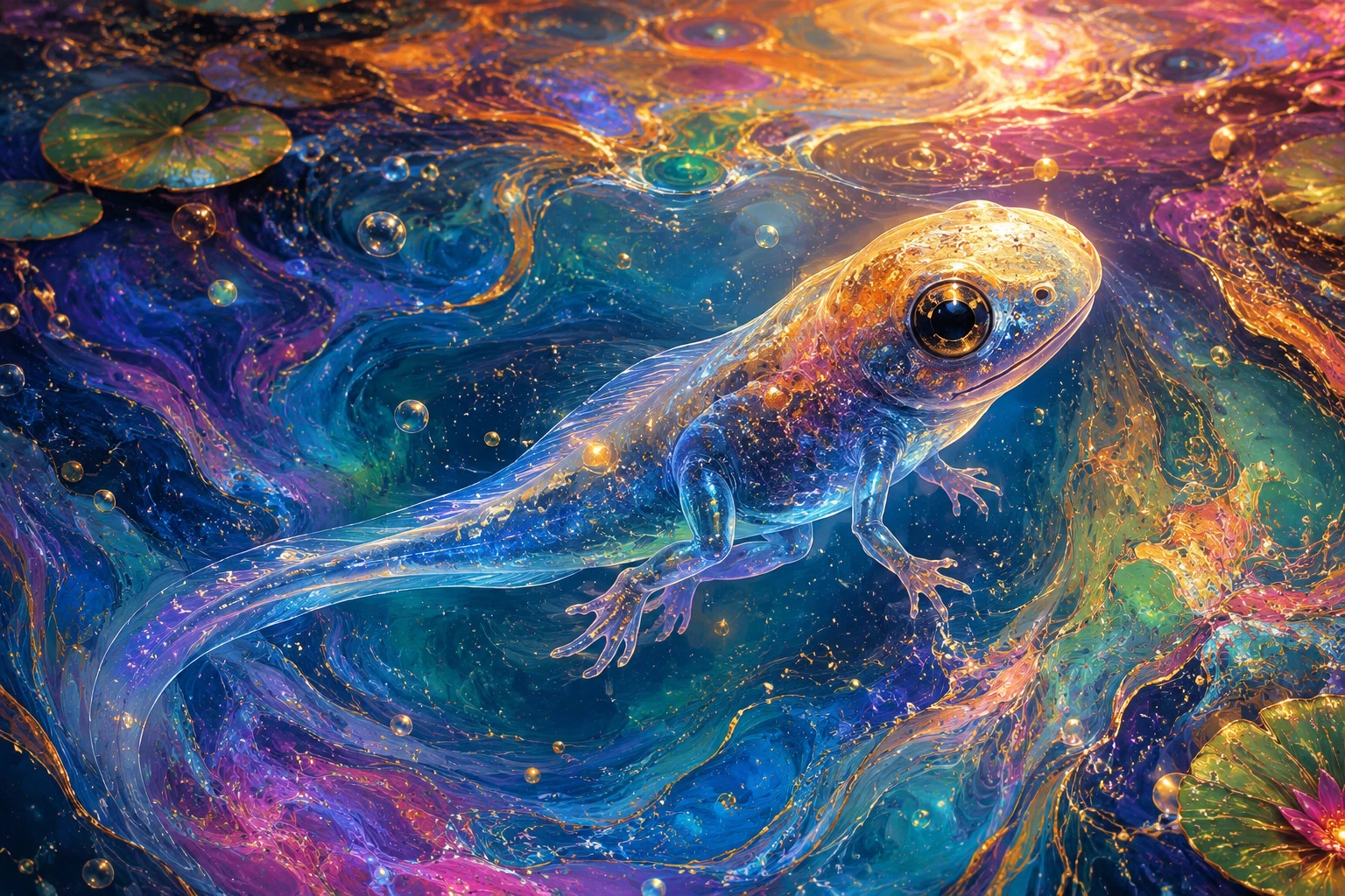 Adorable baby tadpole floating in a glowing abstract pond