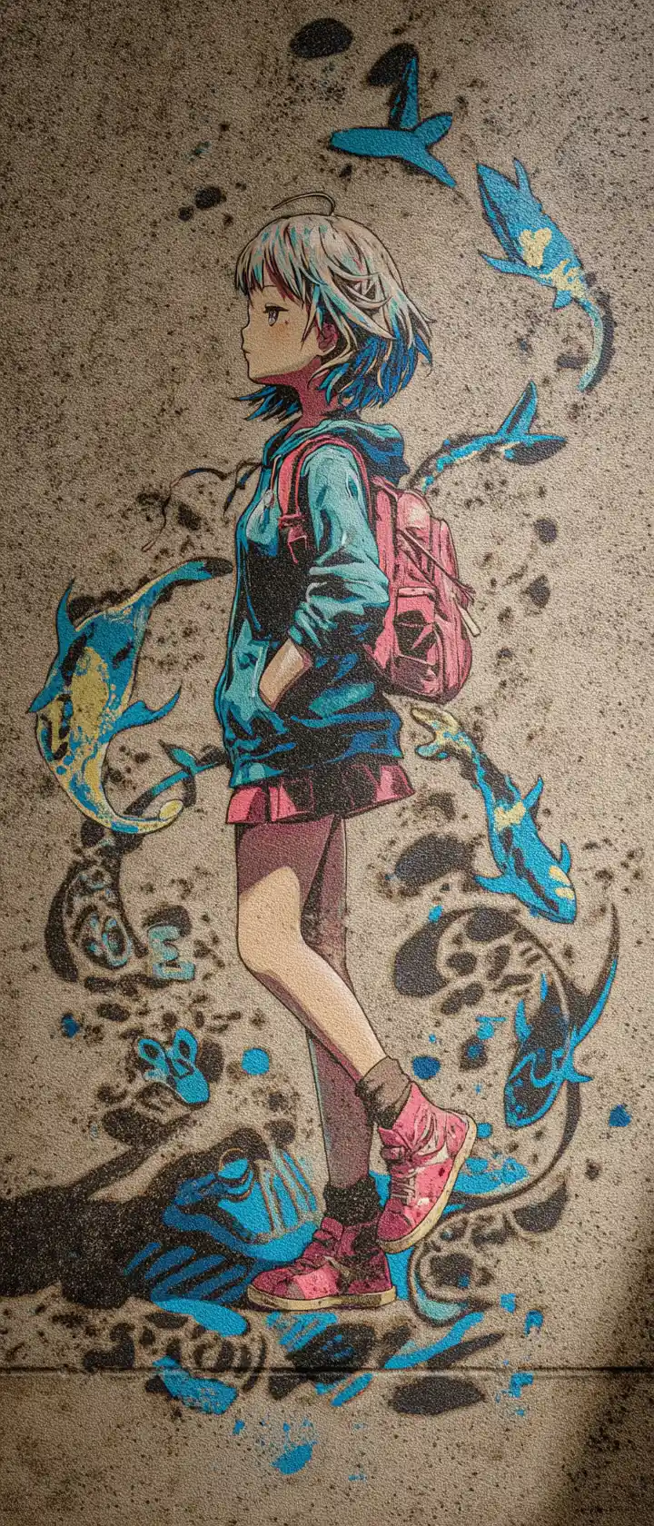 Joyful anime girl drawing creatures on a sunny city street