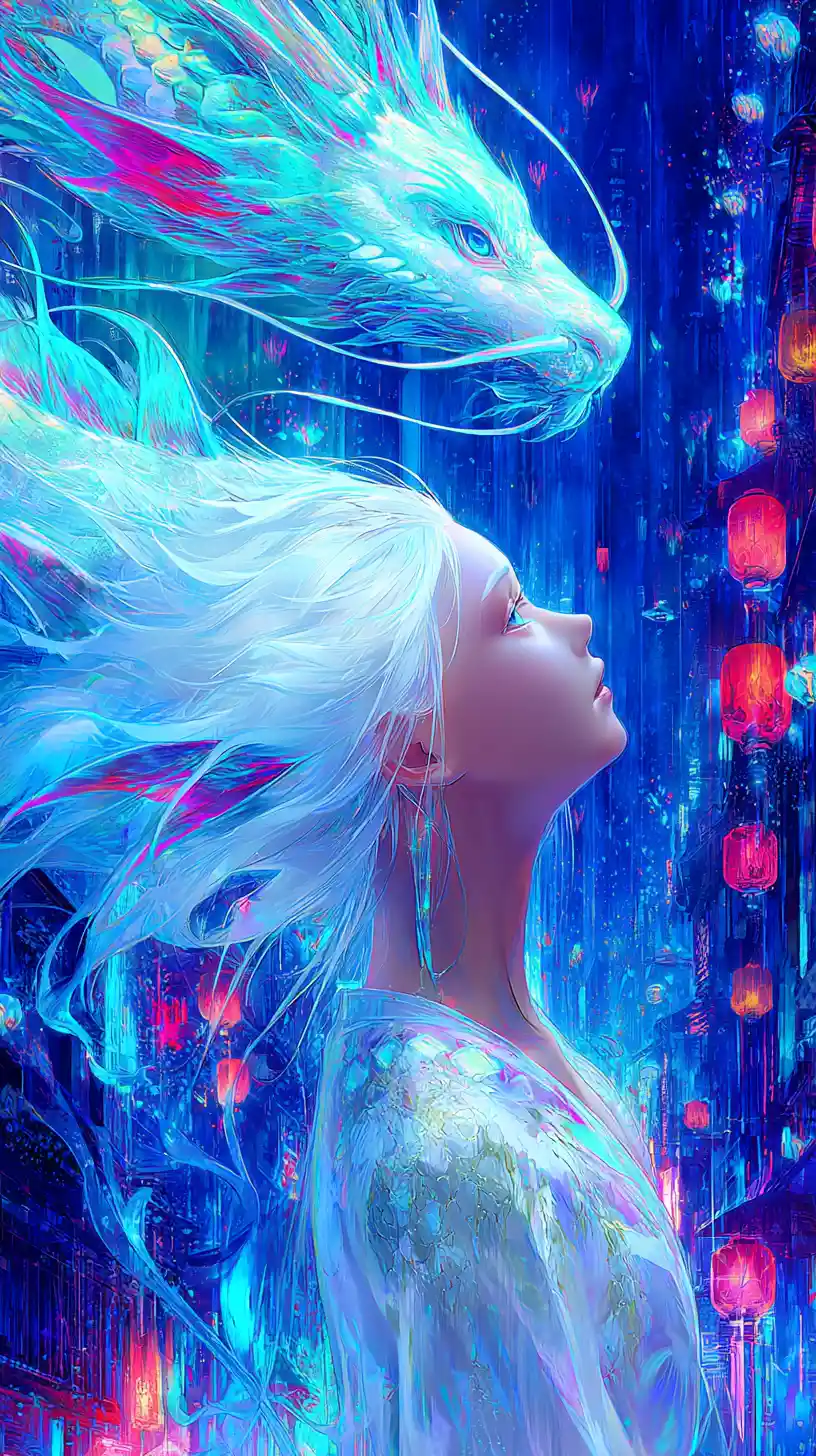 Maestoso drago che sorvola città cyberpunk al neon al crepuscolo