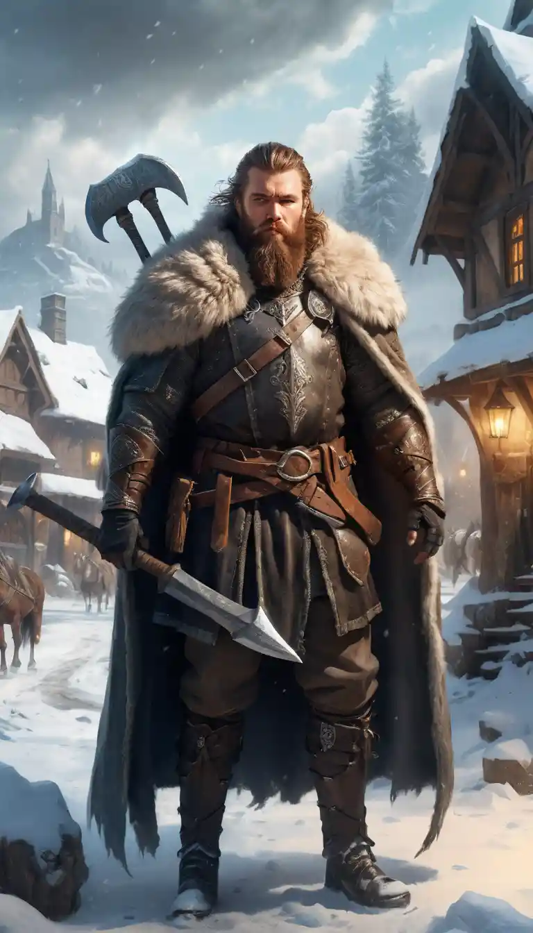 Bearded warrior with axe in snowy medieval village