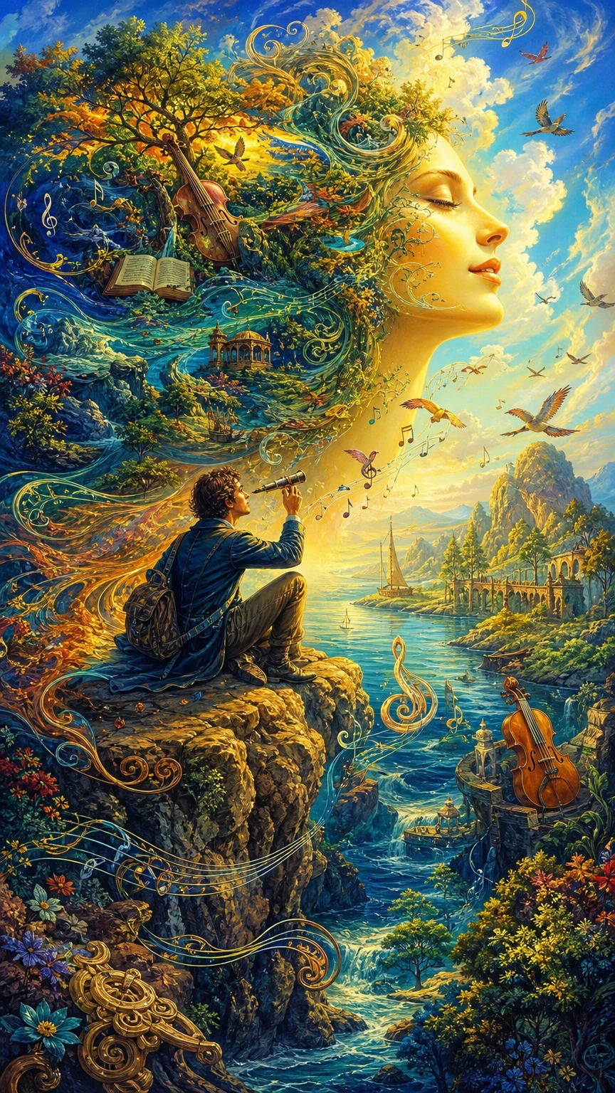 Surreal man searching for music in a bright dreamscape