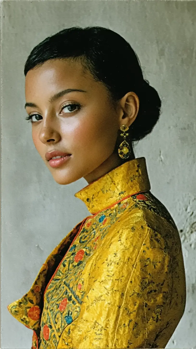 Elegant woman in gold couture dress fashion portrait
