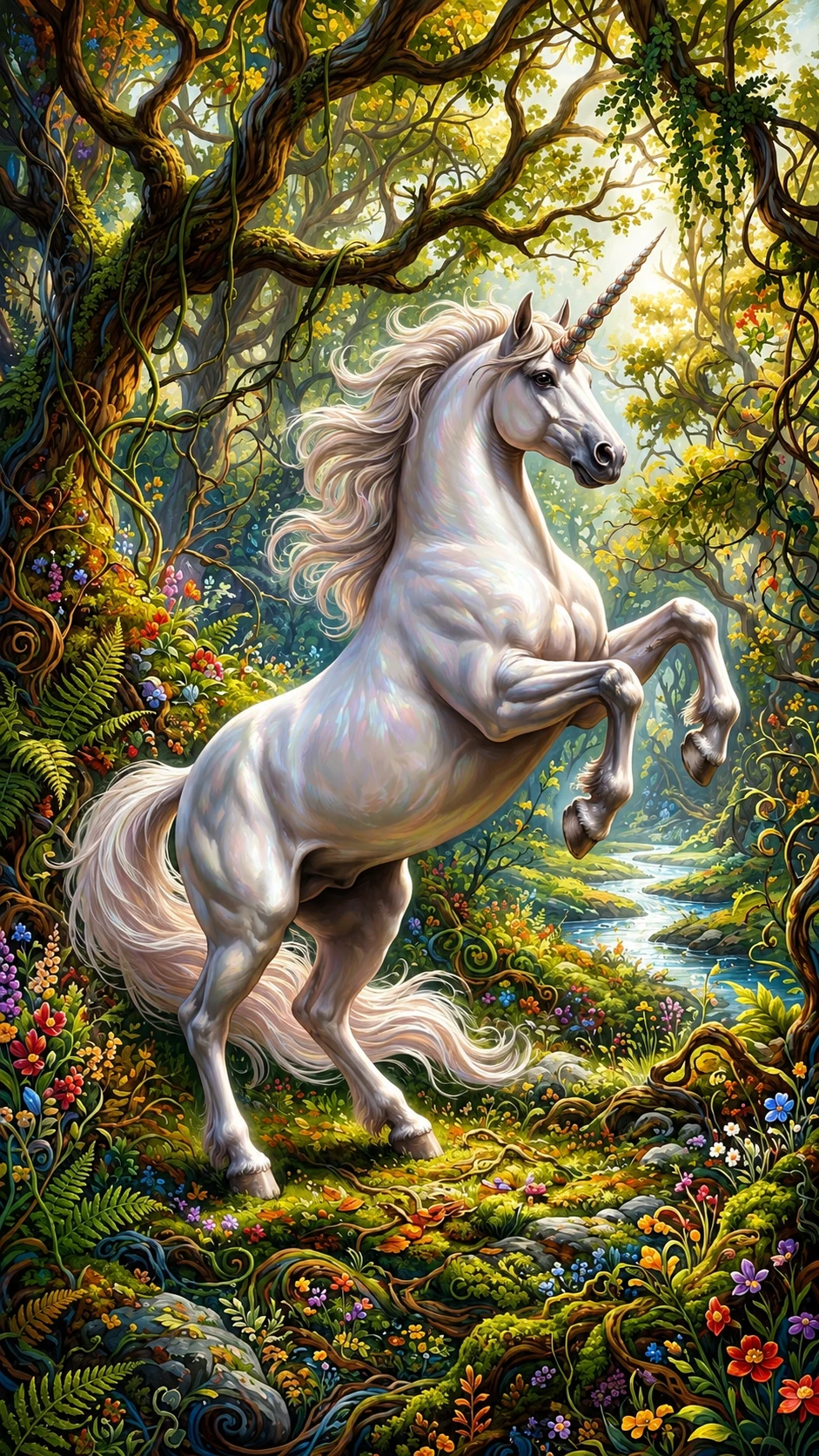 Majestic 3D unicorn in a bright fantasy landscape