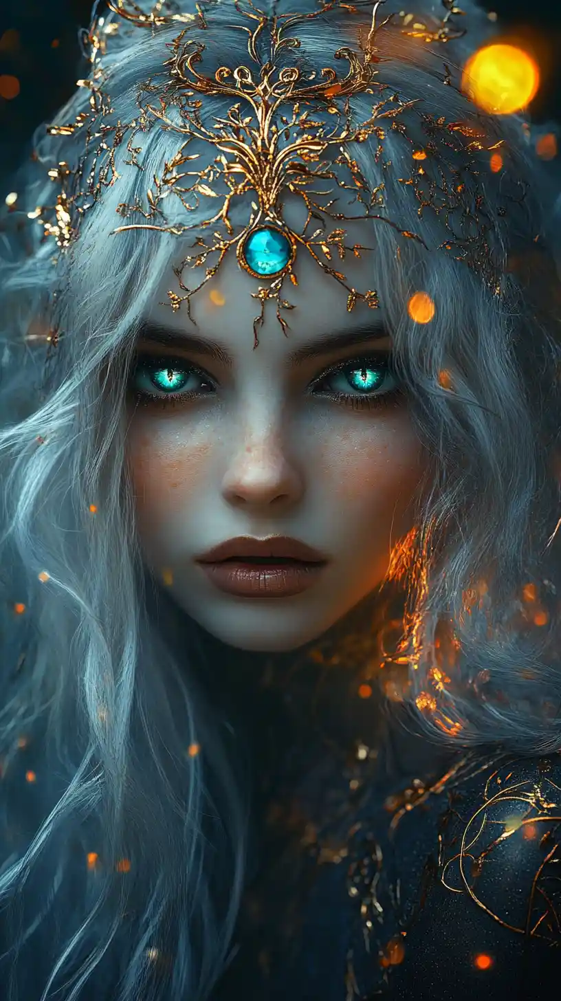 Ethereal fantasy woman with jeweled golden headdress
