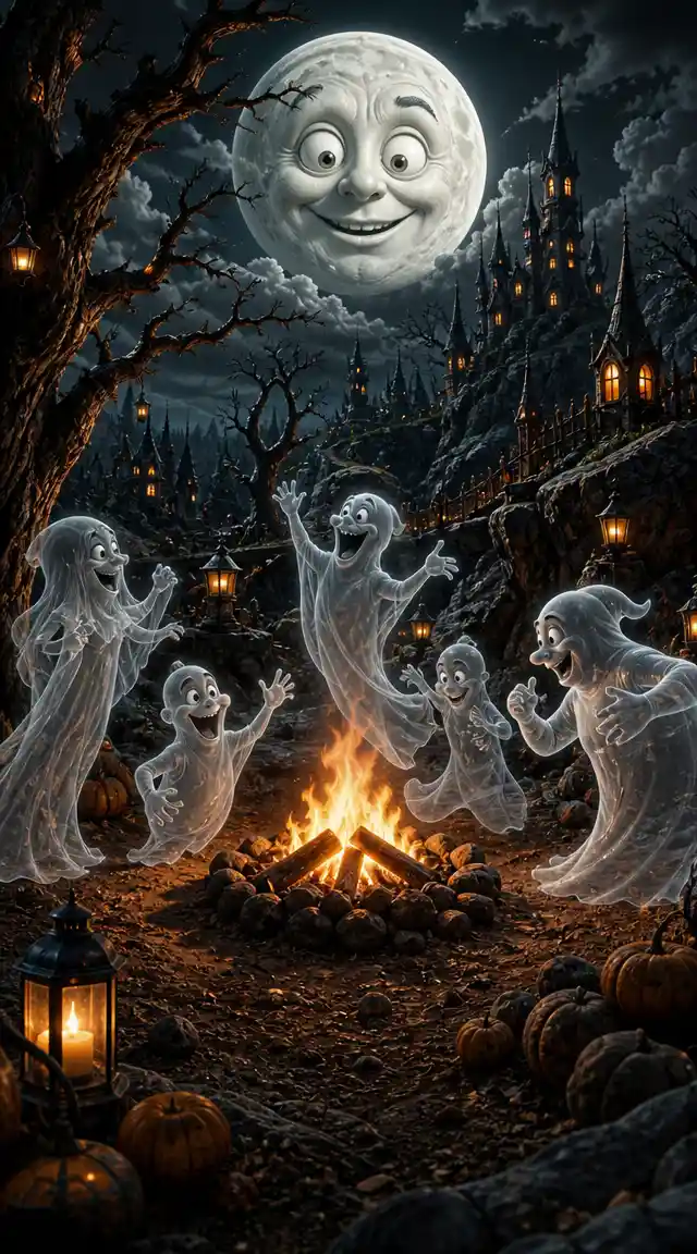 Dancing ghosts around a campfire in a fantasy landscape