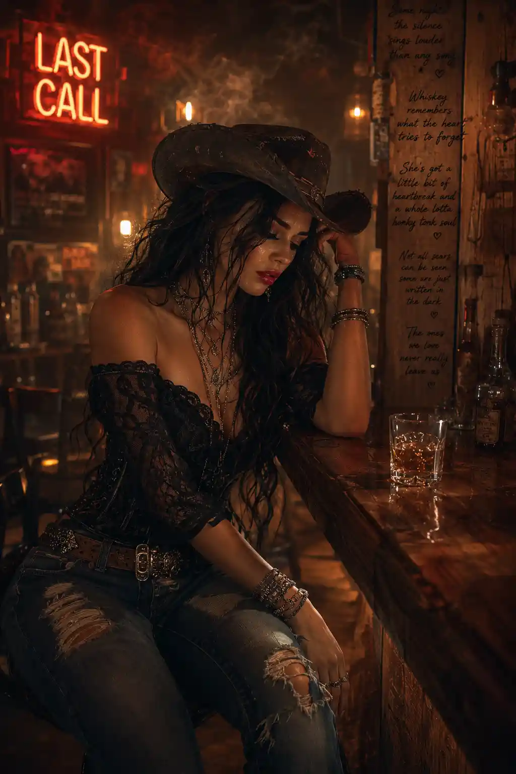 Lonely cowgirl at the bar after closing time