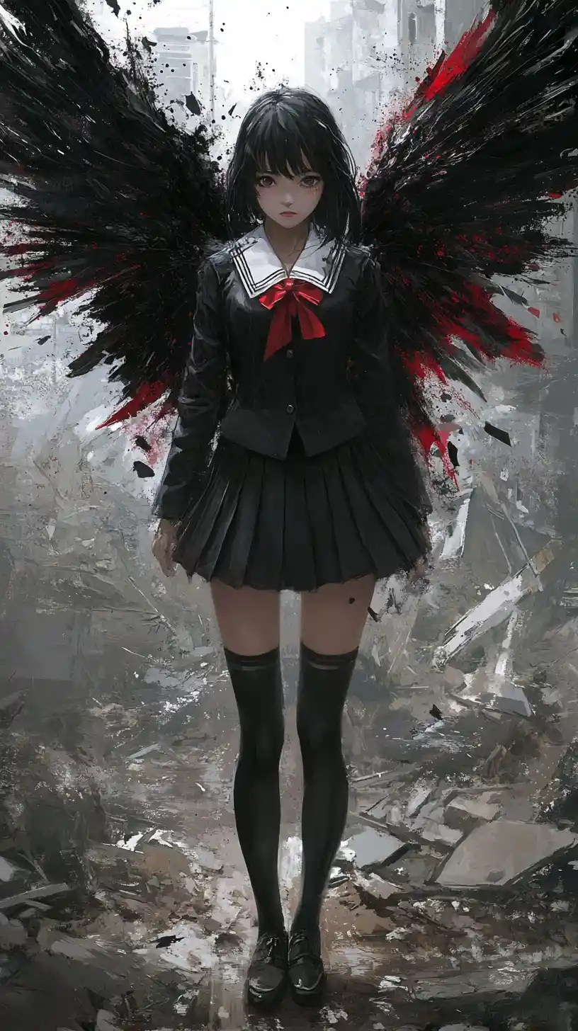 Anime schoolgirl with bloodlike wings in ruined city