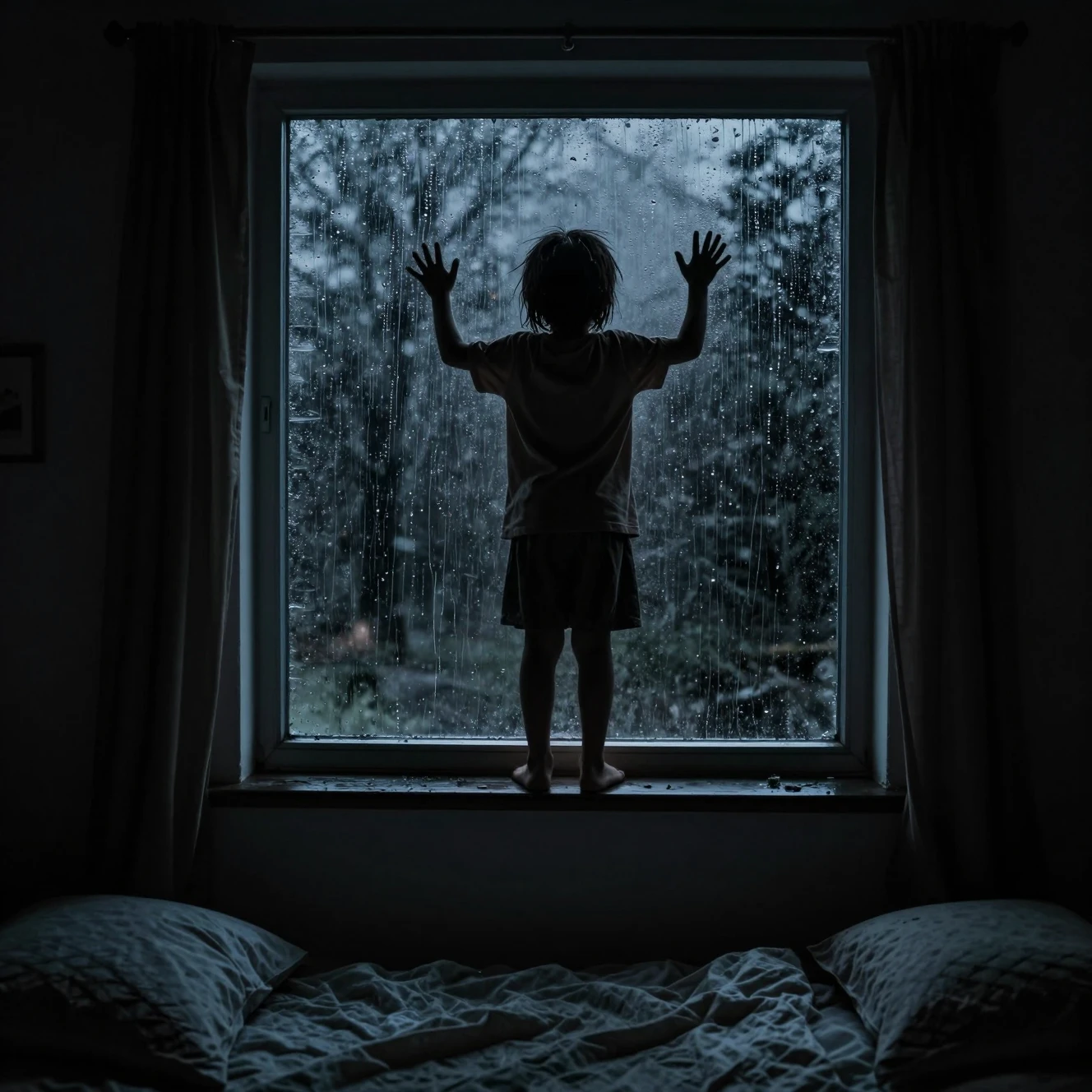 Childs bedroom window with ominous night silhouette outside
