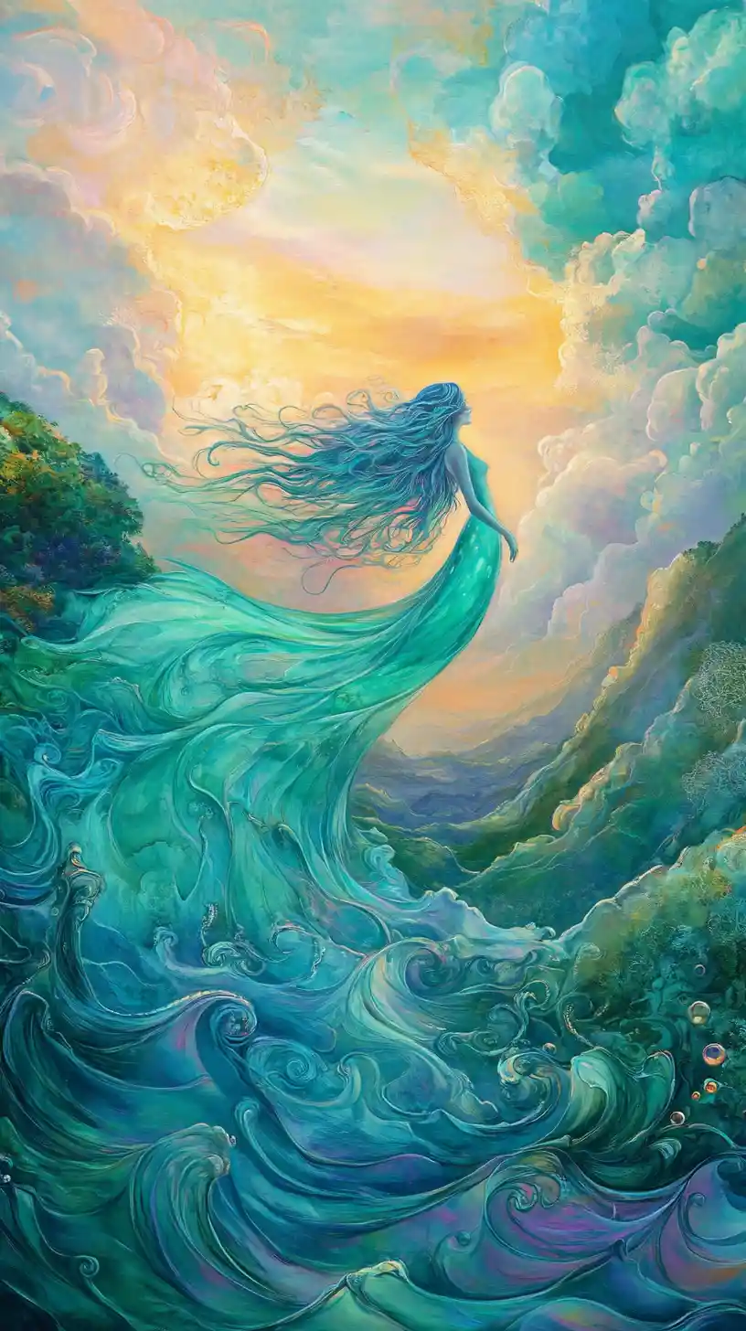 Mystical aquatic goddess emerging from turquoise waves