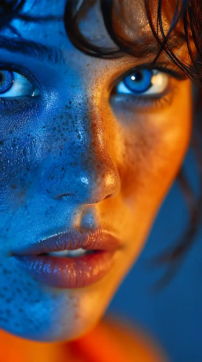 Extreme close up blue and orange portrait of a woman
