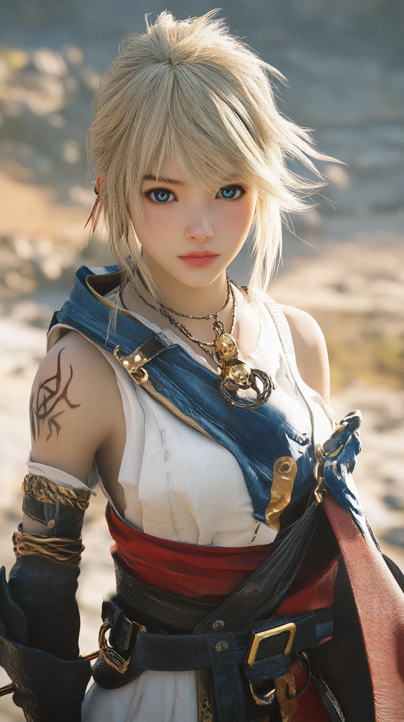 Determined desert girl with sword and flowing ribbons