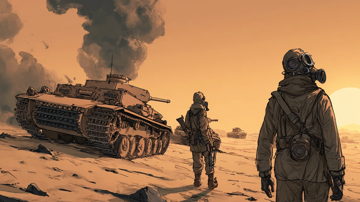 German tanks advancing through a harsh desert battlefield