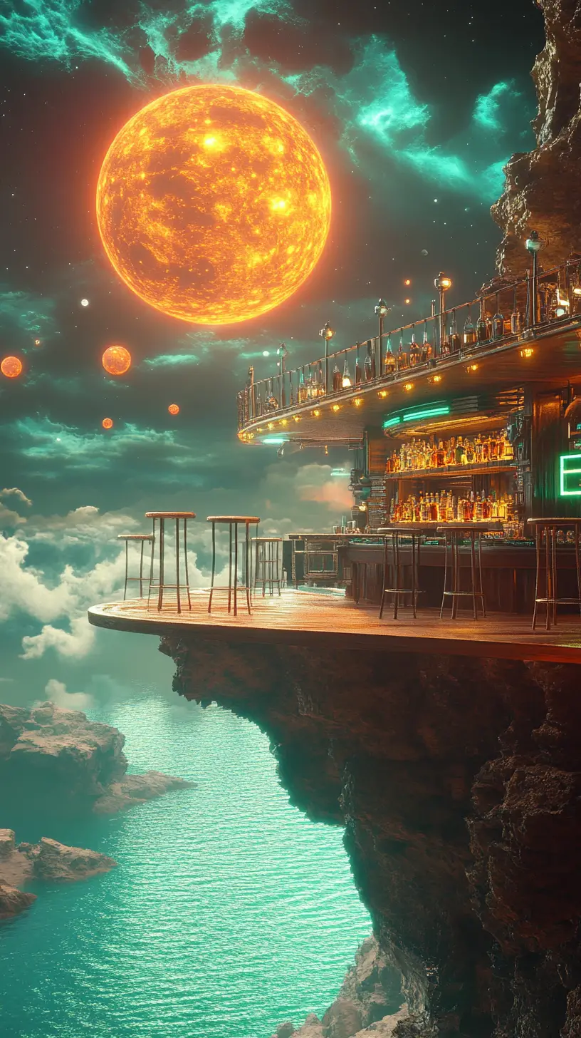 Futuristic cliffside bar above a tranquil alien sea