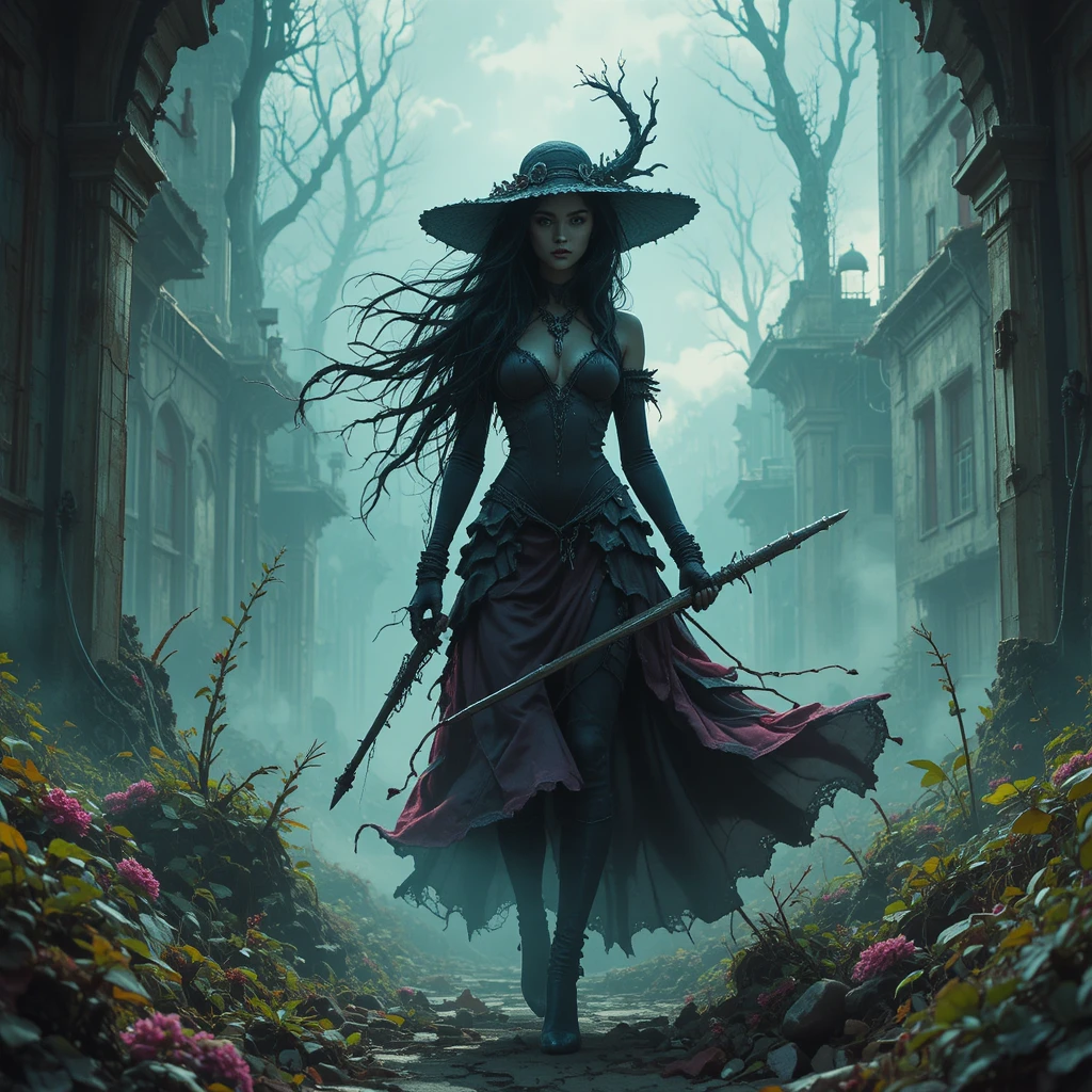 Dystopian wasteland witch standing in eerie silhouette