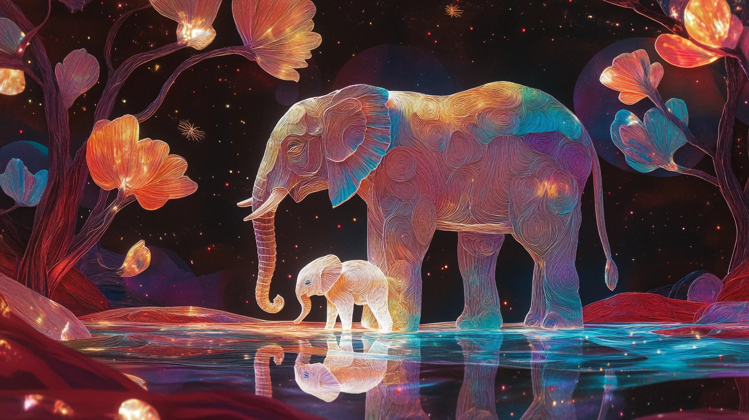 Mother Elephant Sheltering Newborn Calf In Dreamtime Papercraft Scene